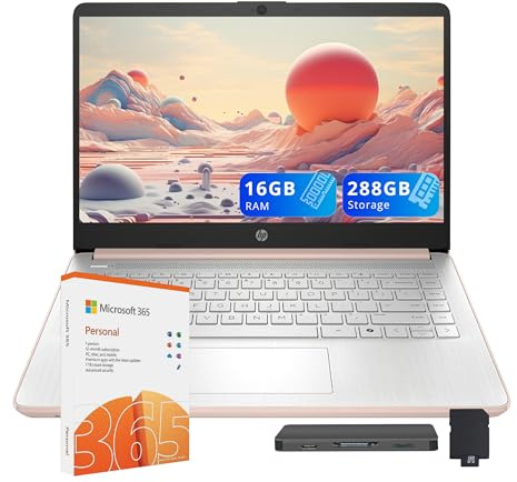 HP Flagship 14 HD Student&Business Laptop, Intel N150 CPU (Beats i3-1115G4), 16GB RAM, 288GB di archiviazione (128GB UFS + 160GB Docking Set), W/1 anno Office 365&AI-Copilot, Webcam, Bluetooth, Win