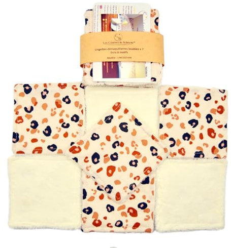 Lingettes démaquillantes lavables bambou, cotons réutilisables, pads, fait main, lot de 7 (Ecru à motifs)
