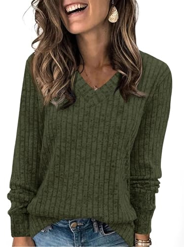 Fisoew Maglione Leggero a Maniche Lunghe con Scollo a V da Donna Elegante Pullover in Maglia a Costine Felpa | casual, maglione lavorato a maglia, vestibilità larga, pullover, oversize, felpa, a maniche lunghe, camicetta