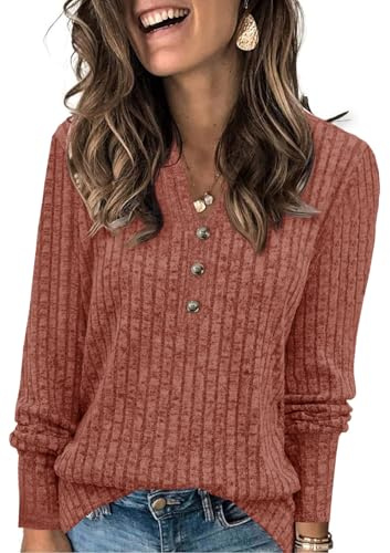 Fisoew Damen Pullover V-Ausschnitt Leicht Langarmshirt Elegant Gerippt Strickpullover Basic Sweatshirt Loose Oberteil mit Knopf,Violett,M