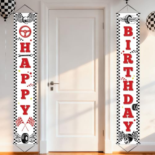 2stk Happy Birthday Tür Banner, Rennsport Thema Geburtstag Veranda Vertikal Banner Lustige Hängende Party Deko für Innen Außen Wanddekoration