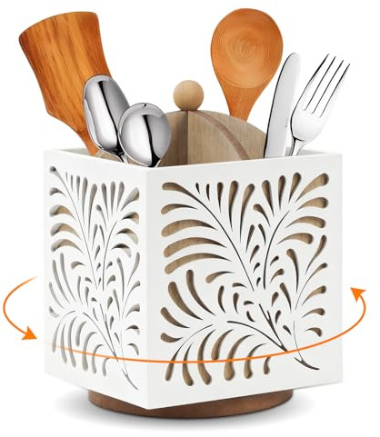 Tianher Bote Utensilios Cocina, Porta Cubiertos Giratorio 360° De Madera Versátil Bote Utensilios Cocina Kitchen Utensil Holder Con 4 Compartimentos Para Almacenar Tenedores Palillos Cucharas