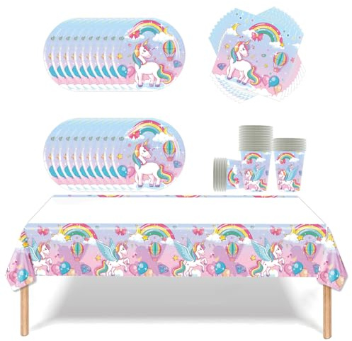 Fuwraixis unicorn party tableware, 61 piece Hot-air balloon birthday tableware, Rainbow party decoration supplies set, Includes paper cups, plates, napkins and tablecloths(20 guests)