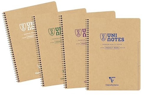 Clairefontaine 9862C - Project Book Uninotes, Recycling-Notizbuch DIN A4, Doppelspiralbindung, 80 Blatt kariert 90g abtrennbar 3 Trennblätter, 1 Stück Zufallsfarbe