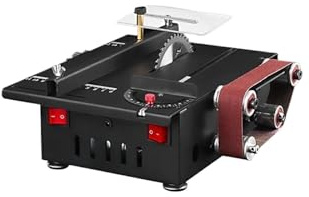 Portable Table Saw, 200W Mini Bench Saw and Belt Sander with Extension Rod Collet Grinding Carving Drilling Kit Ariable Speed Circular Table,for DIY Furniture Making Woodworking