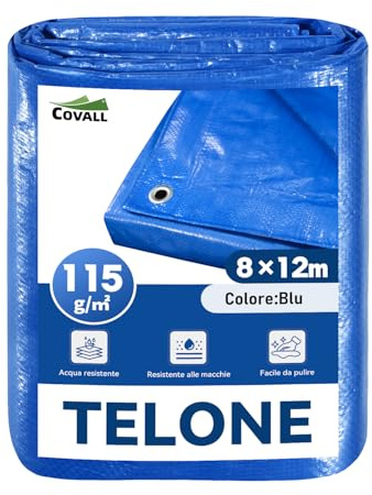 COVALL Telone Blu 8x12m 115g/m² Impermeabile Antistrappo carichi pesanti | con occhielli metallici, antistrappo, multiuso, per tutte le stagioni, ideale per campeggio, giardino, auto e trampolino