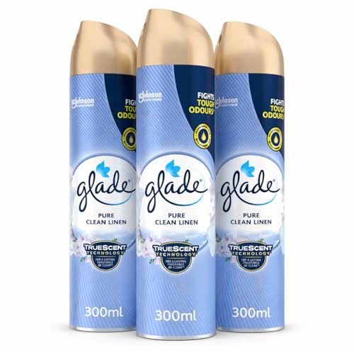 Glade Aerosol Air Freshener Spray, CLEAN LINEN, 300ml (Pack of 3) – Instant Odour Eliminator for Home and Office – Infused with Essential Oils – TrueScent Technology for Long-Lasting Freshness