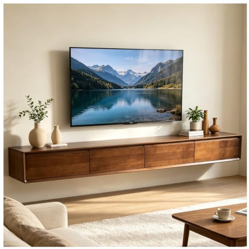 JUNFUNNLE TV Schrank 240cm, TV Lowboard Hängend mit 2 Schubladen 2 KlappenTüren, TV Board Hängend, TV Sideboard Wohnzimmer, TV Tisch für Wohnzimmer und Esszimmer