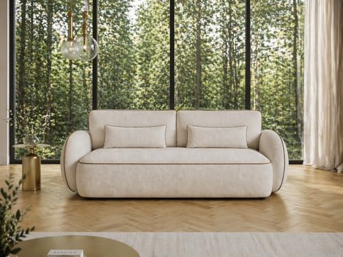 Sofa ORIA mit Schlaffunktion – Melange Beige/Creme/Braun | Modernes Sofa aus trendigem Bouclé-Stoff mit dekorativer Keder, Liegefläche: 204 × 144 cm