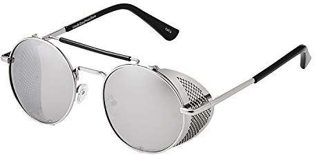Ultra Silber mit silbernen Verspiegelten Gläsern Steampunk Tiefblende Sonnenbrille Retro Damen Herren Rundbrille Metall Gothik Kreis Cyber Cosplay Brille UV400 Unisex