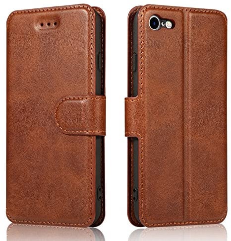 QLTYPRI Case for iPhone 6 Plus 6S Plus, Premium PU Leather Simple Wallet Case with Card Slots Kickstand Magnetic Closure Shockproof Flip Cover - Brown