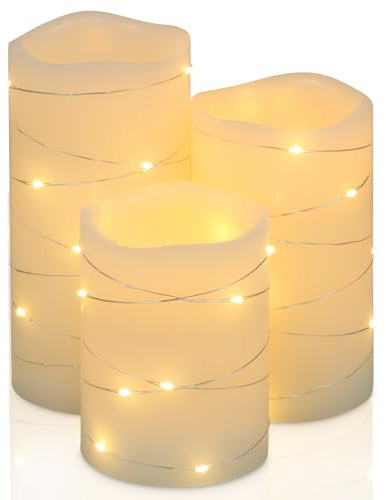 H-Blossom Flickering Flameless Candles Ivory Real Wax Pillar with Embedded String Lights LED Candles Battery Operated with Cycling 5H Timer Set of 3 (3 x 4/5/6) (Ivory)
