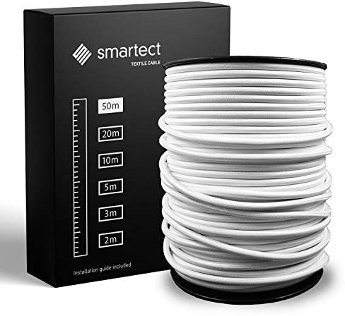 smartect Cavo Elettrico Tessile Bianco, 50 Metri Filo Elettrico Vintage, Tripolare (3 x 0.75mm²) Cavo Elettrico Rivestito in Tessuto per Fai da Te