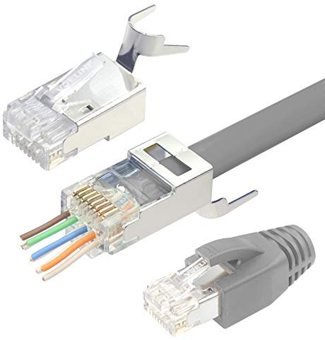 VCELINK 2. Gen. RJ45 Stecker Cat 7 Cat6A Netzwerkstecker Cat7 Cat6A Pass Through RJ45 Stecker für Verlegekabel Cat7 Geschirmt mit Einfädelhilfe und Knickschutz Grau 20 Stück