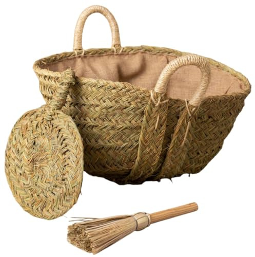 Leñero Esparto Forrado, Asas Pita Reforz. + Escobilla y Aventador S 7110F-1 | Kit de chimenea elaborado artesanalmente con fibras naturales, ideal para leña, limpieza y decoración del hogar.