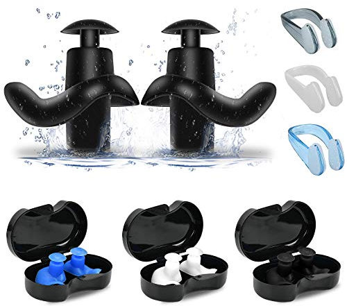 EKKONG 3 Paia di Tappi Auricolari in Silicone,Con 3 clip Per il Naso,Tappi Per le Orecchie Riutilizzabili Utilizzato per il Nuoto, il surf, Lo Snorkeling e Altri Sport Acquatici (nero, bianco, blu)