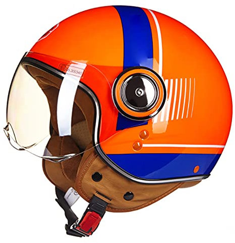 Motorrad-Helm Roller-Helm Moped Mofa-Jet-Helm mit Sonnen-Visier, Roller-Helm für Frauen und Herren im edlen Vintage-Look, Qualität nach ECE/DOT-Norm ,Orange Blue,L