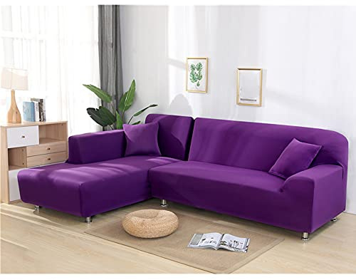 Hiseng Copertura Divano Elasticizzato Chaise Longue Copridivano Angolare Antiscivolo Copridivano Componibile per Divano a Forma di L 2 Pezzi Universale Protettore (Viola,2 posti + 3 posti)