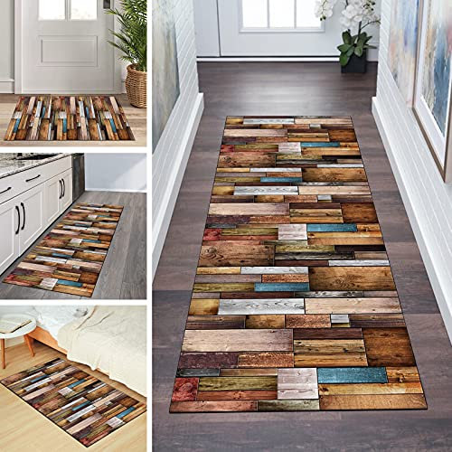 QQrunner Teppich Läufer Flur rutschfest 90x140cm Küchenteppich Vintage Holzmaserung Waschbar Meterware Schlafzimmer Korridor Teppichläufer Lang, Länge Anpassbare, 60/70/ 80/90/ 100/110/ 120cm Breit