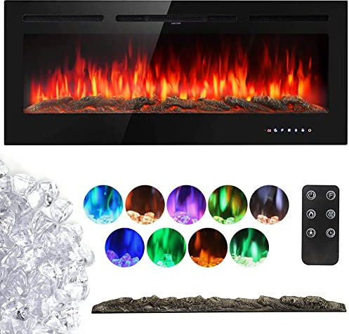 INMOZATA Electric Fireplace Wall Mounted Insert Recessed 50 inch Wall Electric Fires Heater Touch Remote Control 9 LED Color Flame Effect, Crystal with Log Set (50inch)
