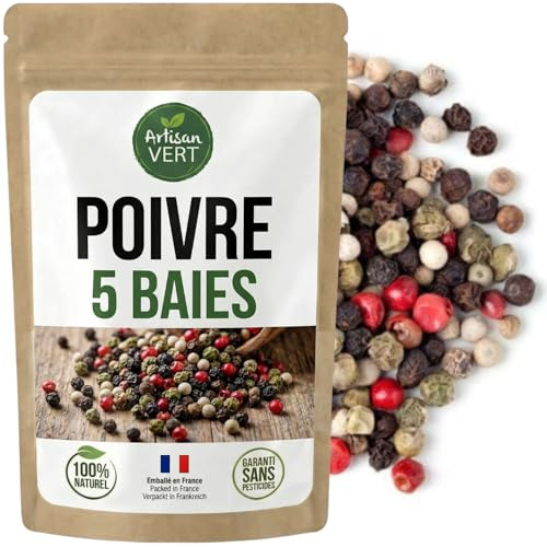 Poivre 5 Baies Entier – Mélange Premium de Poivre Noir, Blanc, Vert, Rouge et Piment de Jamaïque – Arôme Intense et Équilibré – Pour Moulin, Cuisine, Grillades – Artisan du Vert (250g)