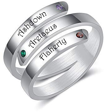 Jeweidea Personalisierter Twist Ring mit eingravierten 2/3/4 Namen Benutzerdefinierte Geburtssteine Versprechensring für Frauen Männer Verstellbare Ringe für Muttertag Valentinstag Geburtstag(3 namen)