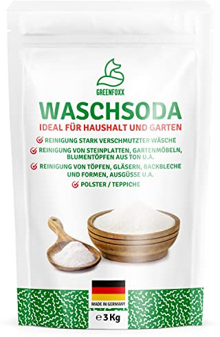 GREENFOXX Waschsoda Pulver 1x 3 kg, pH+ pH Plus für Pool, Spa & Aquarium, pH Heber, pH Regler, Soda Pulver, Reiniger für Steinplatten, Gartenmöbel, Töpfe, Backbleche, Wäsche, Polster & Teppiche