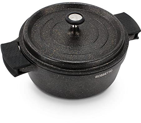 ROSSETTO Cocotte Ronde en Fonte Noire, Faitout Induction Fonte d'Aluminium, Revêtement Anti-adhésif Aspect Pierre,Avec Couvercle Coussinets en Silicone Amovibles Tous Feux (24cm, 4.5L)