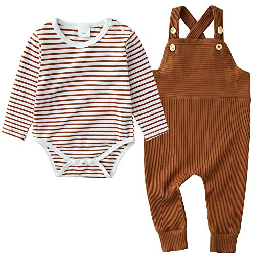 Zoerea Completo Bambino Neonato Bimbo Cotone Righe Pagliaccetto Manica Lunga + Salopette Pantaloni Abiti Completini e Coordinati Set Marrone,12-18 mesi