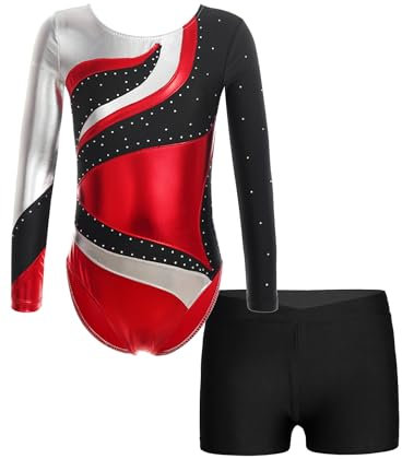 JanJean Kinder Mädchen Gymnastikanzug Glänzend Ballettanzug Langarm Turnanzug Ballett Trikot mit Kurze Hose Wettbewerb Tanzkostüm Rot 146-152