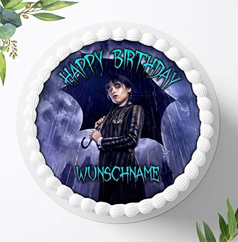 Für die Geburtstags Torte, Zuckerbild kompatibel mit: Wednesday Tortenbild Personalisiert, Essbares Foto für Torten, Fondant, Tortenaufleger Ø 20cm, 1004Z