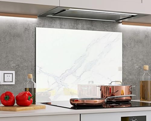 BELOFAY 50x60cm White Marble Tempered Glass Splashback/backsplash for Kitchen | 6mm Toughened Glass Heat Resistant Splashbacks for Hob Cookers 500x600mm