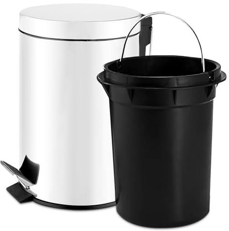 TIENDA EURASIA - Papelera de Baño con Pedal, Papelera Oficina con Cubo Extraible, Papelera Escritorio Fabricada en Acero Inoxidable, Papelera de 3l, Cubo de Basura de ø17 x 25 cm (Blanco)