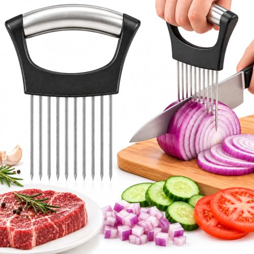 JAYVAR Onion Holder for Slicing, Stainless Steel Onion Slice Holder with 10 Long Needles, Onions Cutter Vegetable Chopper, Onions Chopper Tool, Food Slicing Guide for Neat Slicing,Tomato Potato Cutter