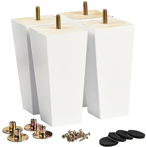 La Vane 4 inch Wooden Furniture Legs, Set of 4 Solid Wood Square White Mid-Century Modern Replacement Bun Feet with Pre-Drilled M8 Bolt & Mounting Plate & Screws for Couch Sofa Armchair