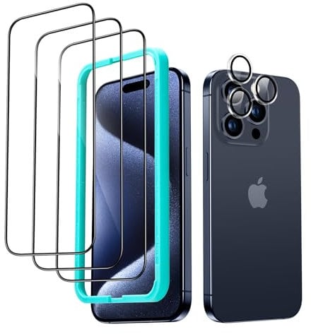 ESR for iPhone 15 Pro Screen Protector Set, 3 Tempered-Glass Screen Protectors and 1 Set Individual Lens Protectors, 2.5D Curved Edges, Full-Coverage Military-Grade Protection, Scratch Resistant