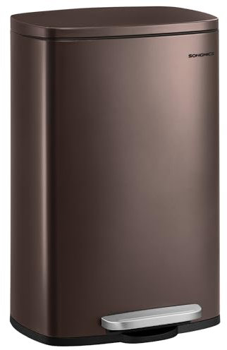 SONGMICS Mülleimer Küche, 50 Liter, Abfalleimer, Treteimer, mit Deckel, Softclose, Fußpedal, Stahl, Inneneimer, braun LTB50BR02