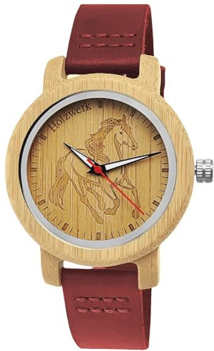 Holzwerk Germany Mädchen-Uhr Jungen-Uhr Kinderuhr Öko Natur Holz-Uhr Leder Armband-Uhr Analog Klassisch Quarz-Uhr Kinder Uhr mit Pferde Pony Motiv in Rot Schwarz Blau Türkis Braun (Braun.rot)