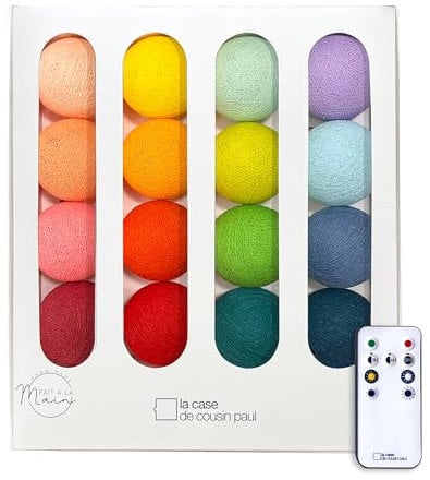 La Case de Cousin Paul Guirlande Lumineuse Chambre Enfant Boules Coton Tissé LED, Télécommande, Programmable, USB, Fabriquée à la Main, Artisanale - 16 Boules (Rainbow)
