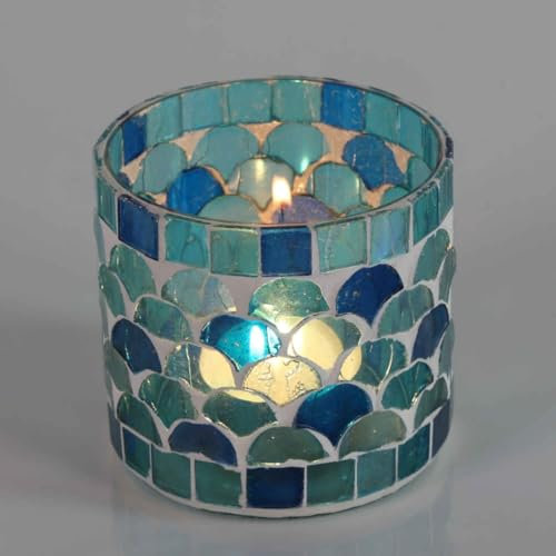 Orientalisches Mosaik-Windlicht Athen S HELLBLAU Ø 8cm rund handgefertigt aus Glas | Stimmungslicht Teelichthalter bunt marokkanische Tisch-Deko aus 1001 Nacht | WZ111-S