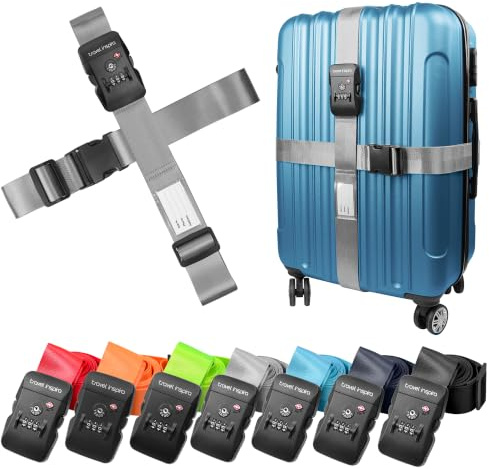 travel inspira Kreuz Koffergurt mit Zahlenschloss mit TSA und Namensschild | Grau TSA-Anerkannt 3-stelliges Zahlencode Kreuz-Befestigung mit Namensschild Für Koffer 20-34 Auffällig Reise-Gadgets