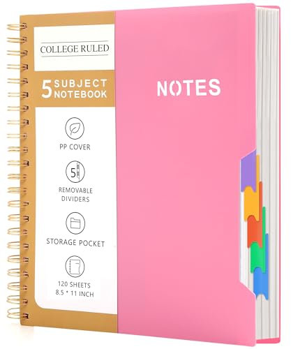 CAGIE A4 Notizbuch mit Register Liniert Spiralbindung 240 Seiten (120 Blatt) Klein Spirale Notizblock Block mit Register für Arbeit Office Schule College Essentials, Rosa, 24.5x 28.5 cm