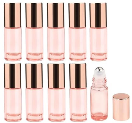 10Pcs Pink Glass Roller Bottles,5ml Roll On Bottles with Stainless Steel Roller Ball and Rose Gold Lid,Refillable Sample Vials for Essential Oils,Perfumes,Lip Balms,Cosmetic Liquid
