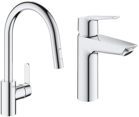 GROHE Robinet de Cuisine Get Avec Douchette Extractible et QUICKFIX Start Robinet de Salle de Bains Lavabo - Installation Facile, Mousseur Économie d'Eau, Sans Tirette