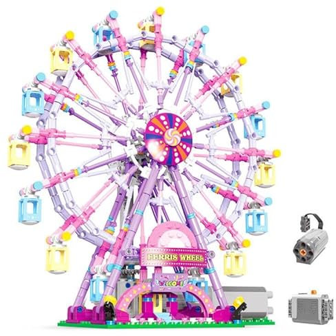 NEWRICE Della ruota panoramica rotante con luci Kit di costruzione, parco divertimenti costruzione blocchi di costruzione giocattoli set per 8+ anno Boys.Girls (Ruota panoramica rosa)