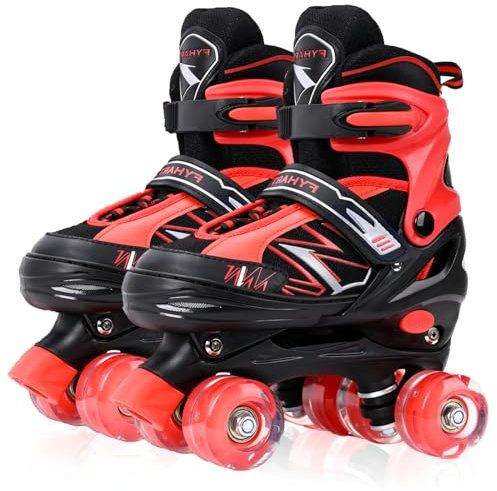 LOKJIJI Rollschuhe für Kinder Jungen Mädchen Anfänger, Einstellbar 4 Größen für Kinder und Jugendliche Teenager, Quad Schwarz & Rot Rollschuhe für Sport (Medium_32-36 EU)