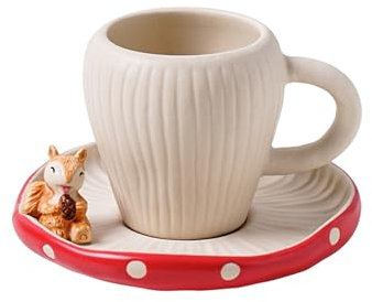 Jarsense Mushroom Mug, Ceramic Mushroom Coffee Mug with Cute Squirrel Saucer, 275ML Cute Milk Mug Cartoon Tea Mug Cup for Gift