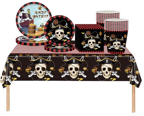 COSORO 69pcs Pirate Birthday Party Tableware Set, Black Pirate Plastic Table Cloth, Paper Plates, Napkins, Serviettes, Cups, Perfect for Boys' Birthday, Halloween Parties