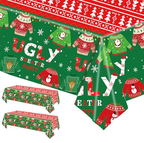 POPOYU 2 Pezzi Tovaglia Rosa Natalizia,Tovaglia Plastica 137 x 274 cm Rettangolo,Grande Santa Pupazzo di Neve Tovaglia per Festa di Natale,Vacanze Invernali Casa per Feste Natale Tavola Decorazioni