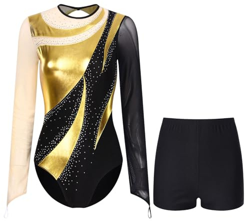 iiniim Damen Turnanzug Langarm Gymnastikanzug mit Shorts Glitzer Gymnastik Leotard Langarm Ballettanzug Turnen Wettbewerb Tanzkostüm Gold S